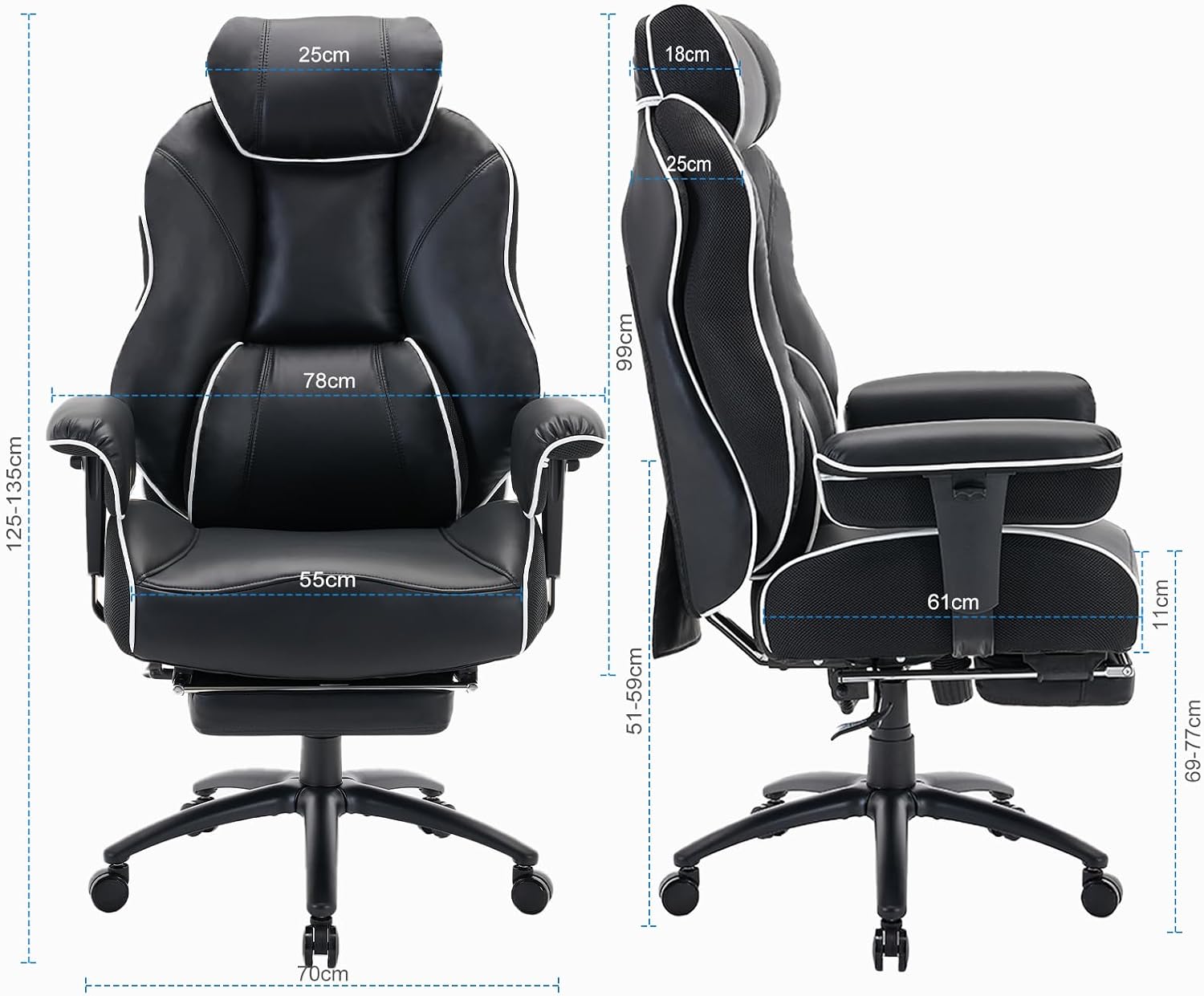 DJWang Big and Tall Office Chair with Foot Rest, High Back Executive Office Chair, PU Leather Ergonomic Chair with Lumbar Support, 135 Reclining Chair with Thickened Spring Cushion, Black