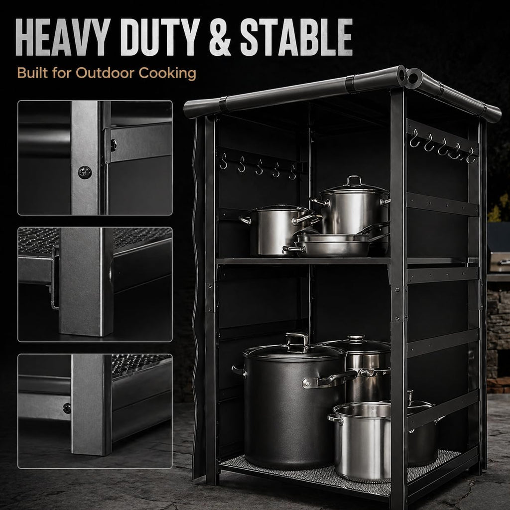 53in Storage Cabinet Station for Solo Stove Yukon/Bonfire/Ranger and more Smokeless Fire Pit Accessories with Waterproof Cover,Adjustable Firewood Storage Racks for Patio Logs and Fire Pit Accessories
