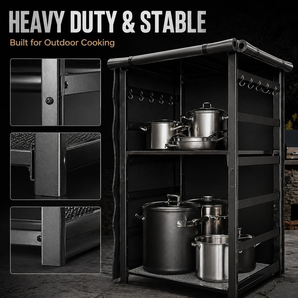 53in Storage Cabinet Station for Solo Stove Yukon/Bonfire/Ranger and more Smokeless Fire Pit Accessories with Waterproof Cover,Adjustable Firewood Storage Racks for Patio Logs and Fire Pit Accessories