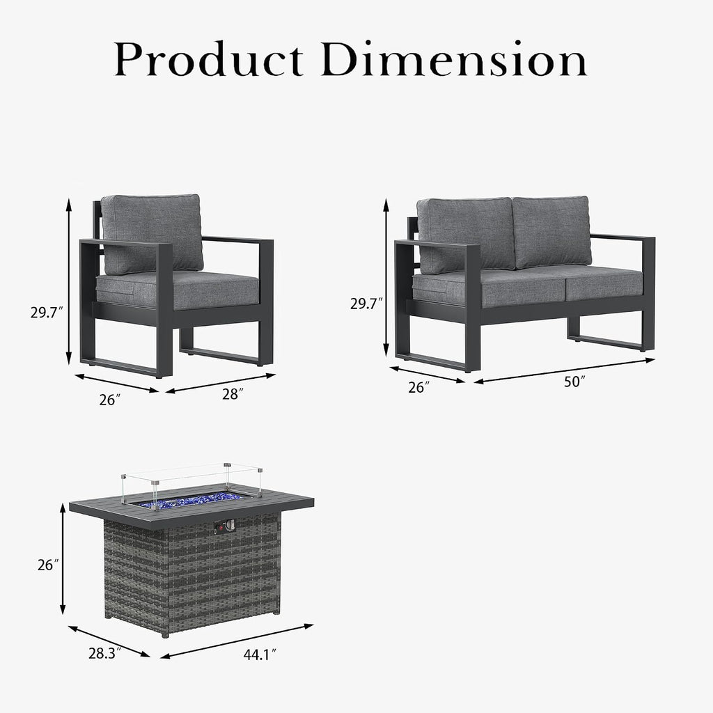 LayinSun 4 Pieces Aluminum Outdoor Patio Furniture Set, Metal Modern Conversation Sofa Set with Fire Pit Table and Washable Thick Cushions for Porch, Backyard, Deck