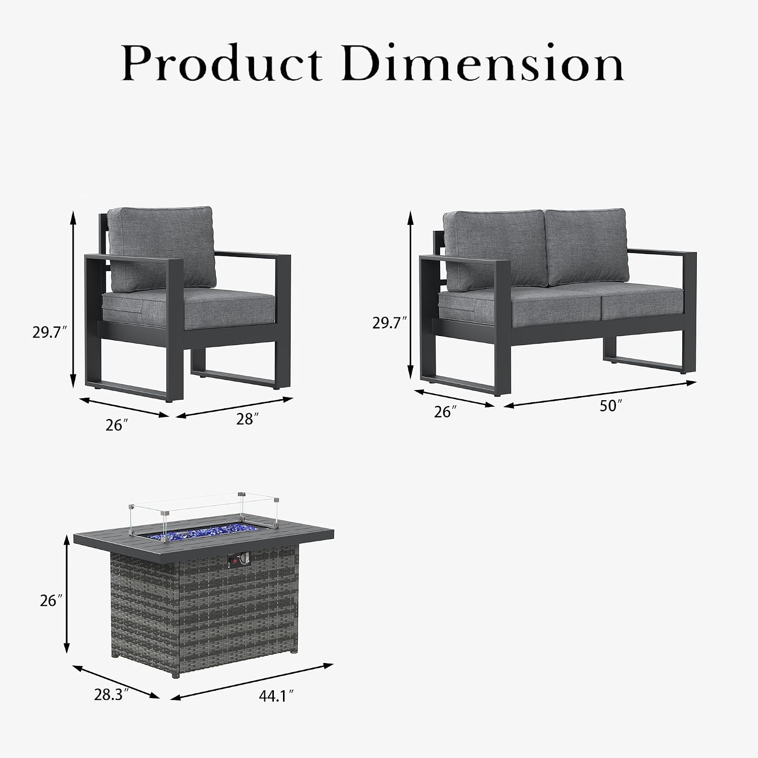LayinSun 4 Pieces Aluminum Outdoor Patio Furniture Set, Metal Modern Conversation Sofa Set with Fire Pit Table and Washable Thick Cushions for Porch, Backyard, Deck