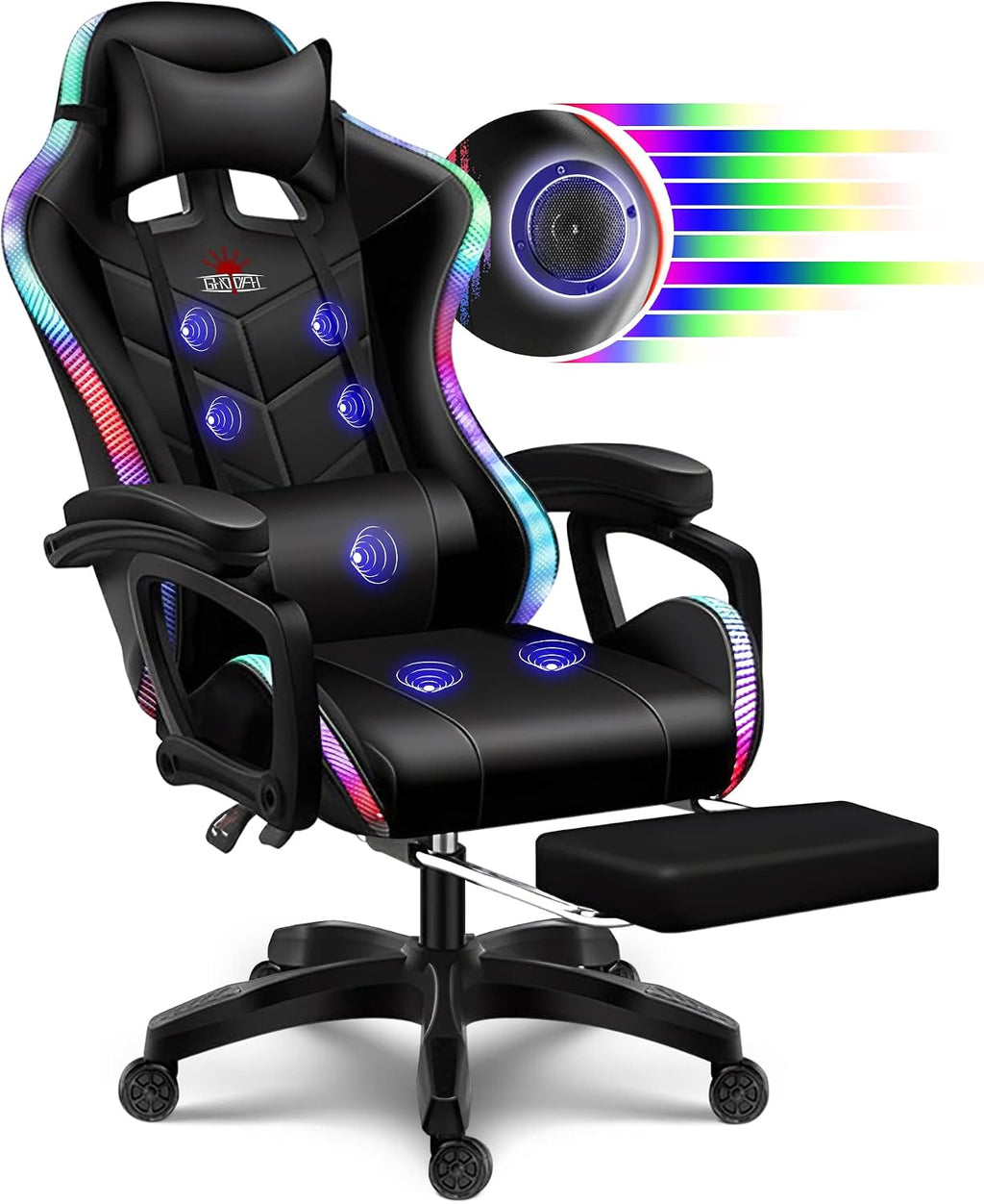 RGB Gaming Chair with Speakers and Massage, Racing Computer Chair with Massage and Footrest for Office or Gaming. (All Black)