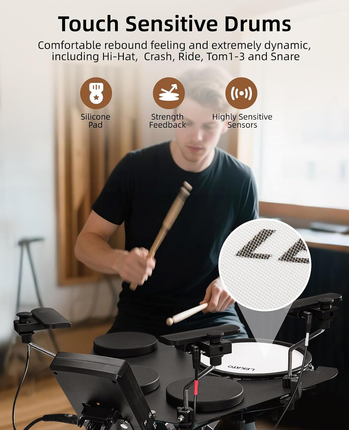 LEKATO CPD-1000 Electronic Drum Set with Quiet Mesh Pads, Portable Electric Drum Set, 220+ Sounds, USB MIDI, 2 Robust Footswitch, Sticks, Travel Bag