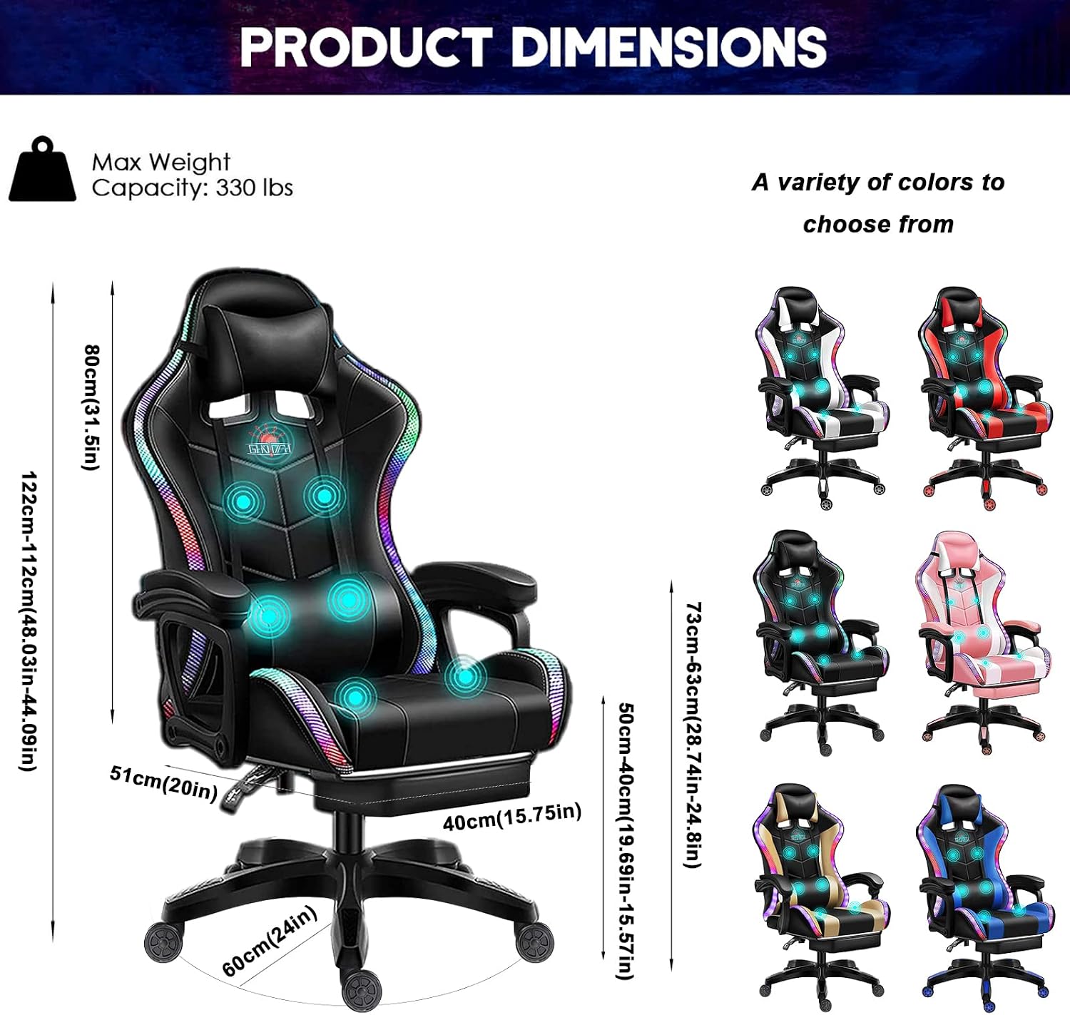 Gaming Chair with Speakers Gamer Chair LED Lights PU Leather Recliner Chair 360°Swivel Function Ergonomic Video Game Chairs with Headrest Armrest Massage Office Chair Computer Chair,White
