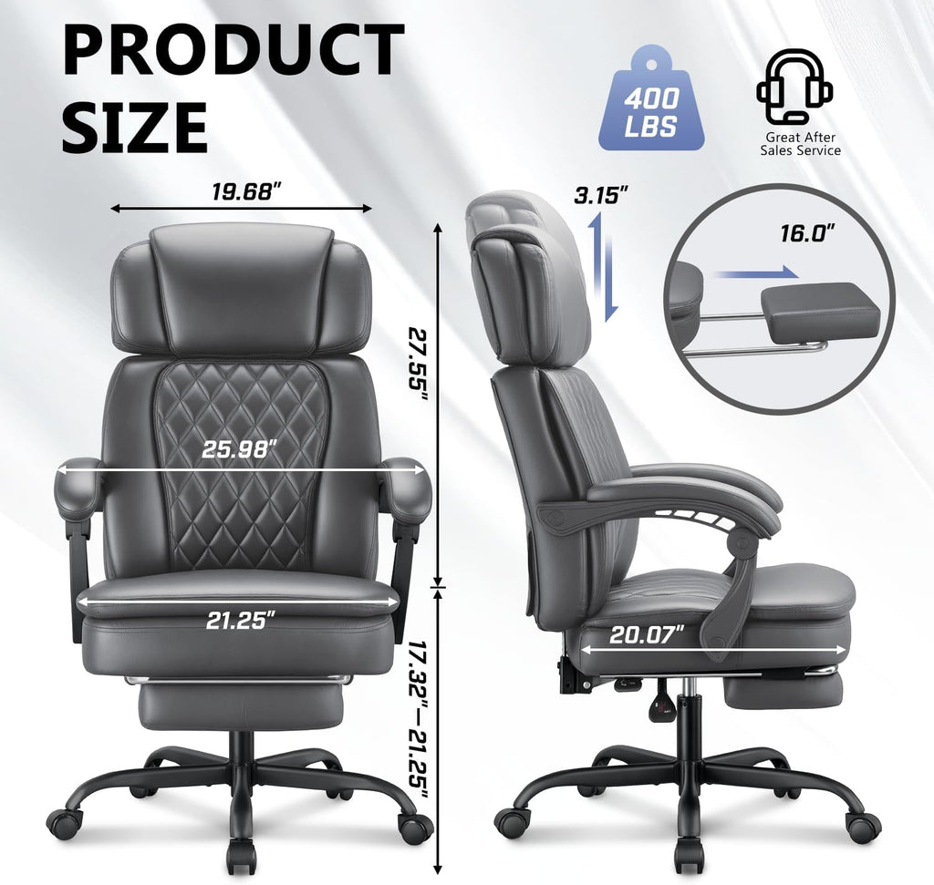 400lbs Executive Office Chair with Foot Rest for Heavy People, Ergonomic Big and Tall Desk Chair with Adjustable Headrest, High Back PU Leather Comfy Heavy Duty Computer Chair with Spring Cushion