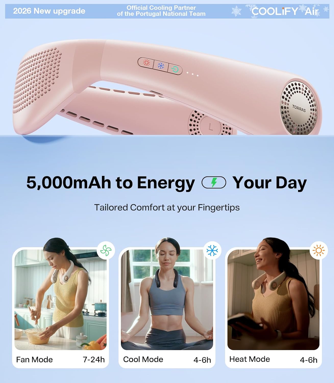 TORRAS COOLiFY Air 2026 Upgraded Neck Fan Air Conditioner, Ultra-Light Portable Fan Rechargeable, Personal Cooling Neck with 3 Modes Fan/Cooler/Heat for Travel, Camping, Outdoor Gift for Women, Pink