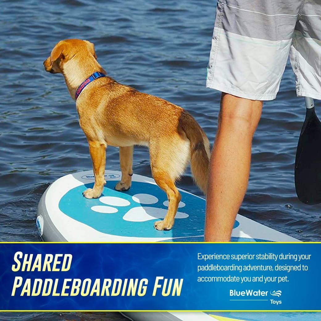 Inflatable Stand Up Paddle Board Paw Paddler by Blue Water Toys - 11ft Nylon and Mesh Inflatable Paddle Board with 100% UV-Resistant Honeycomb EVA Pad, Complete SUP Set for Pets and Humans
