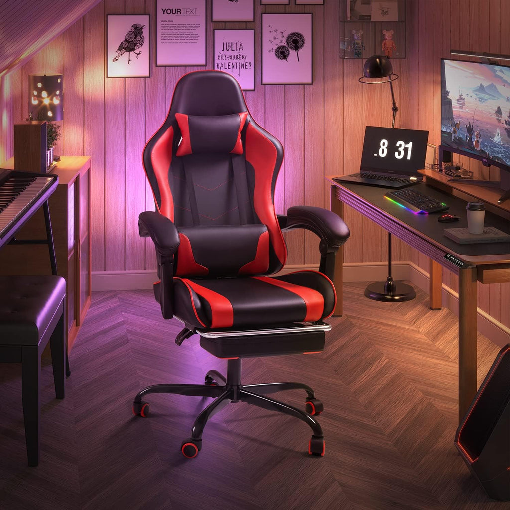 Shahoo Gaming Chair, Video Gaming Chair with Footrest and Lumbar Support, Ergonomic Computer Chairs with 360° Swivel and Height Adjustable, Spin Chair with Headrest for Home Office, Study Room (Red)