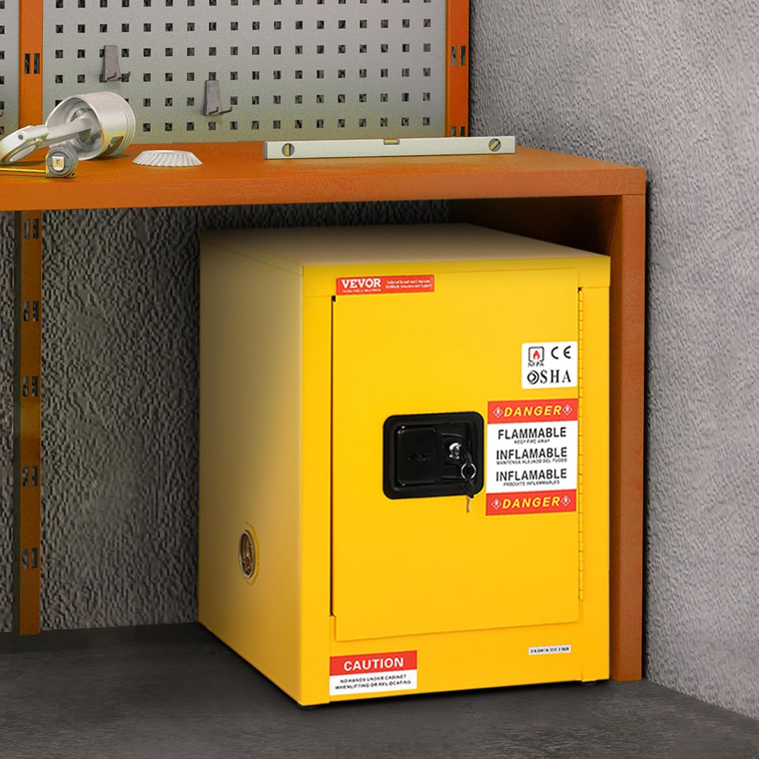 VEVOR Flammable Cabinet 17' x 17' x 22', 12 GalCold-Rolled Steel Flammable Liquid Storage Cabinet, Explosion Proof with 1 Adjustable Shelf 1 Door for Commercial Industrial Use, Yellow