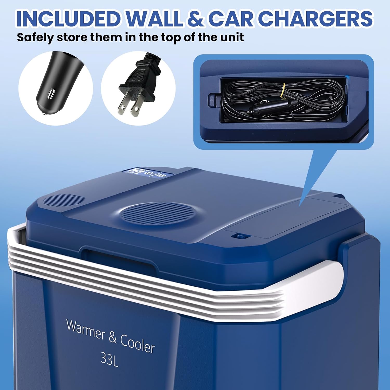 GarveeTech 35 QT (33 L) Electric Cooler & Warmer, Portable Car Refrigerator With Automatic Locking Handle, 12V Car Cooler for Vehicle & Trucks, 110V AC Home Power Cord, Plug In Coolers,Blue