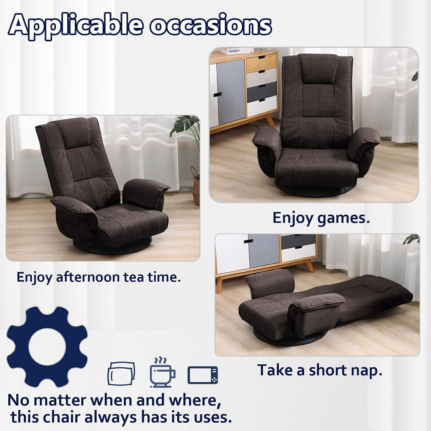 360 Degree Swivel Floor Chairs for Adults, Gaming Floor Chair with Back Support, 14 Angles Adjustable Comfortable Floor Lounge Chair Folding Video Game Chairs Office Bedroom 201 (Brown)