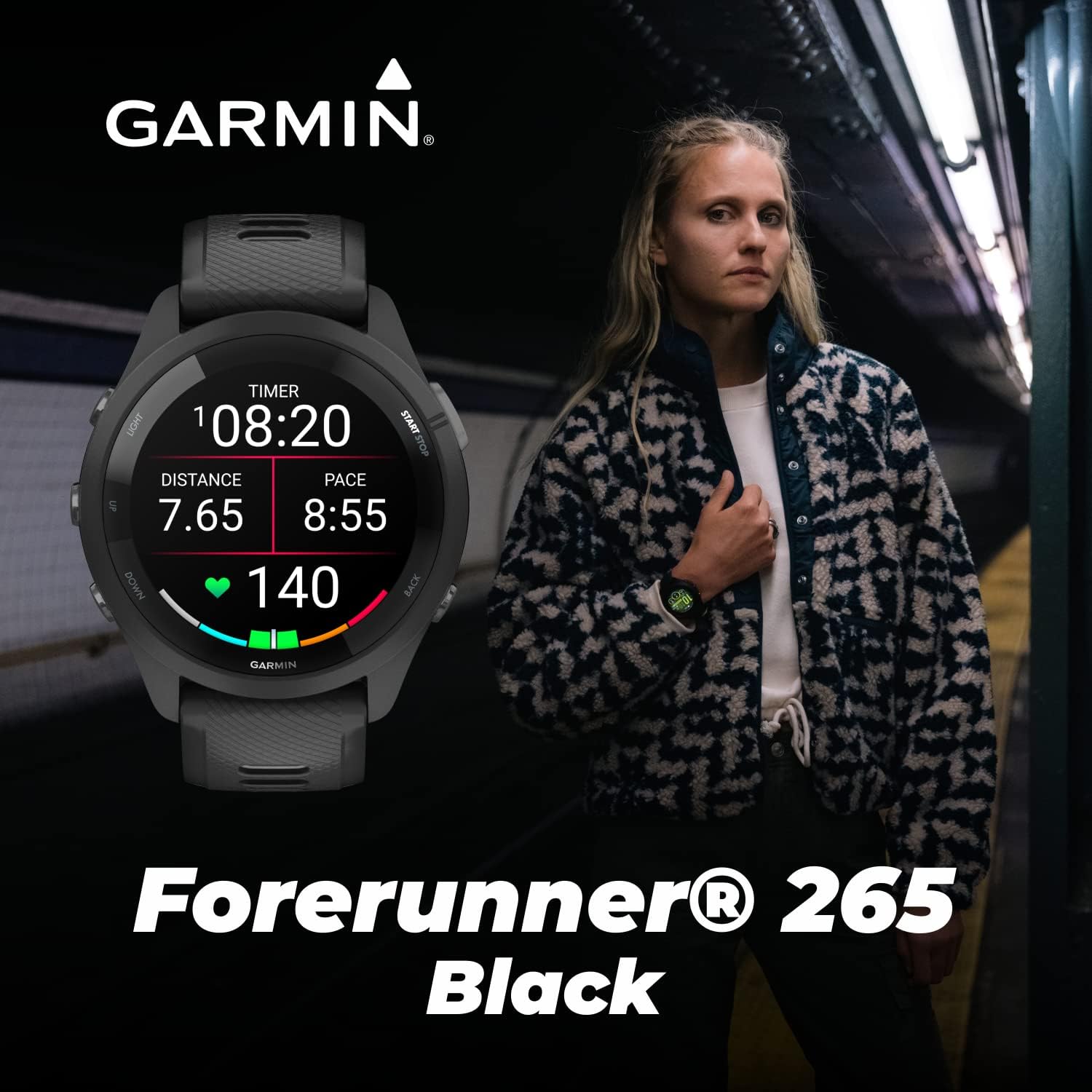 Garmin Forerunner 265 Music GPS Running 46 mm Smartwatch, Black with AMOLED 1.3 in Touchscreen Display Black Earbuds Bundle, Black +Blk EarBuds