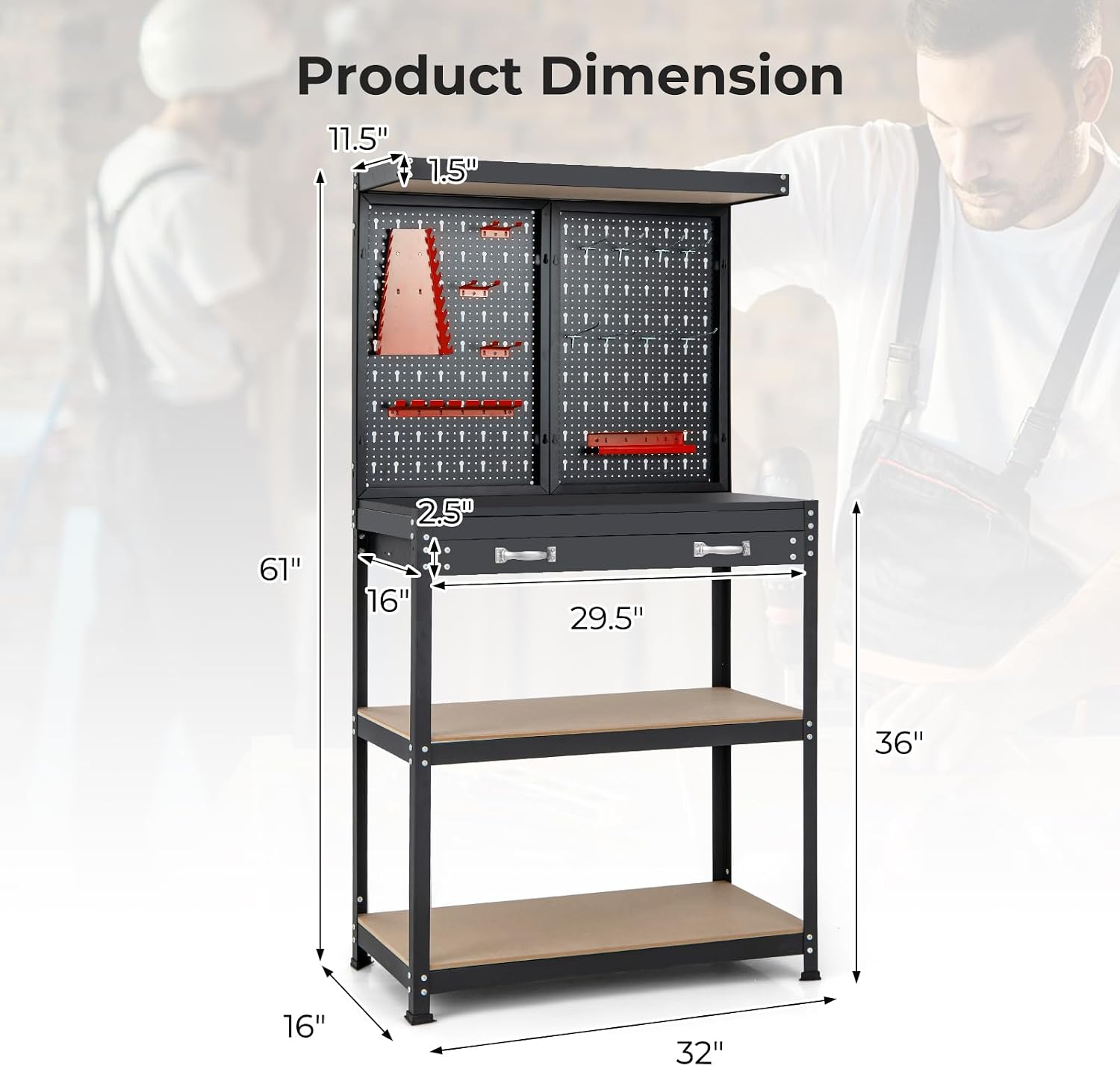 Goplus Workbench, Work Table with Drawer, Pegboard, Hanging Accessories, Topping Space, 4-Tier Heavy Duty Metal Tool Storage Bench, Work Benches for Garage, Workshop (Red, 32' x 16' with Drawer)