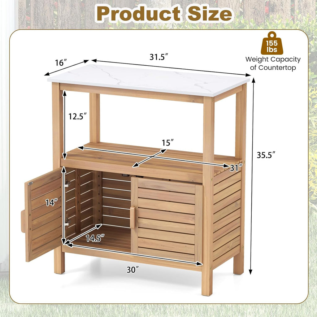 Giantex Outdoor Potting Bench, Acacia Wood Planting Workstation with 2-Door Storage Cabinet, Faux Marble Tabletop, Open Storage Shelves, Garden Potting Table for Horticulture