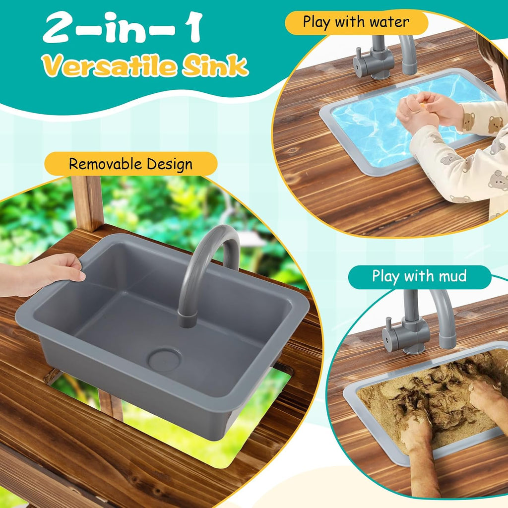 Costzon Mud Kitchen for Kids Outdoor, Wooden Pretend Play Kitchen w/Canopy, Chalkboard, Stove, Removable Sink, Cooking Accessories & Storage, Montessori Toy for Preschool, Backyard, Garden (3+ Years)