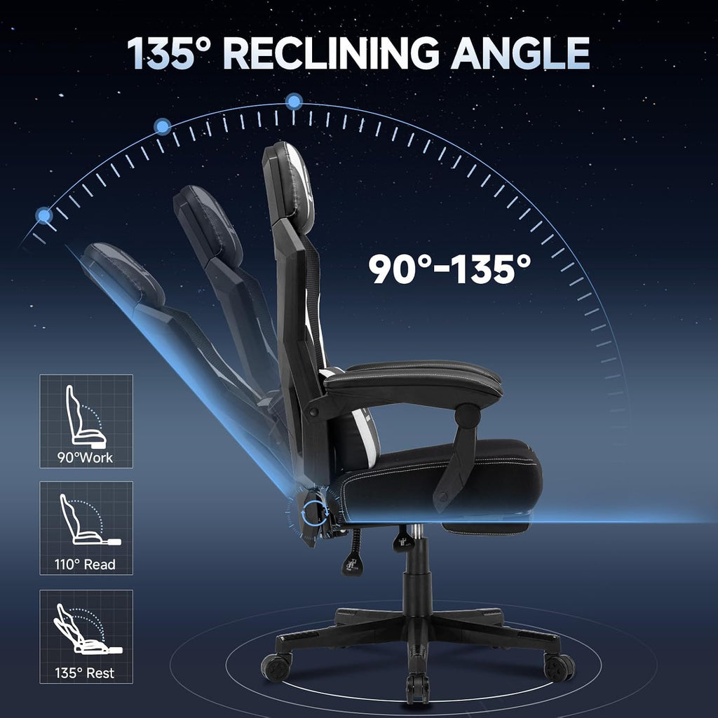 Ergonomic Mesh Video Gaming Chair with Footrest, Height Adjustable Computer Chair with Lumbar Support, High-Back Breathable Reclining Swivel Chair for Adults Home Office & Work (White)