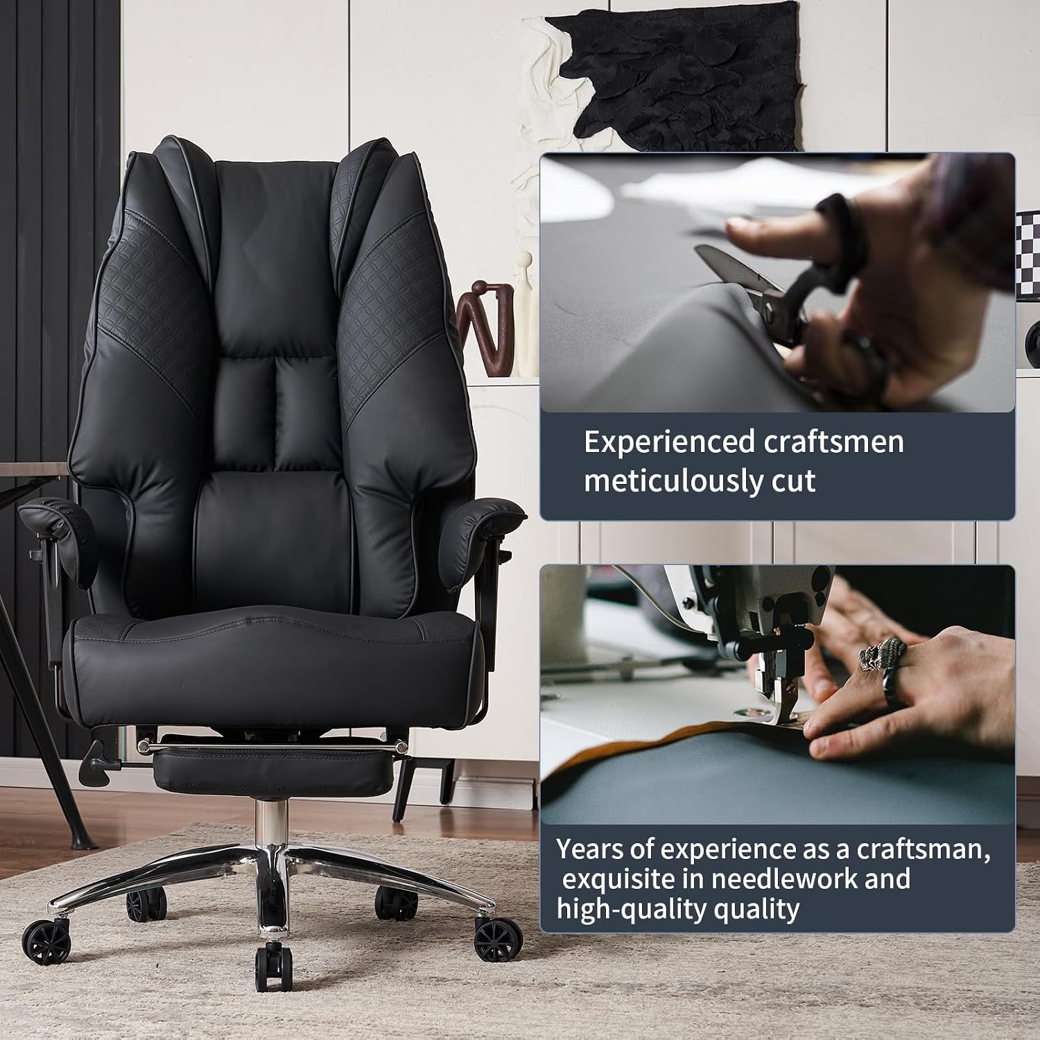 EXCEBET Big and Tall Office Chair 400lbs Wide Seat, Leather High Back Executive Office Chair with Foot Rest, Ergonomic Chairs Lumbar Support for Lower Back Pain Relief (Black)