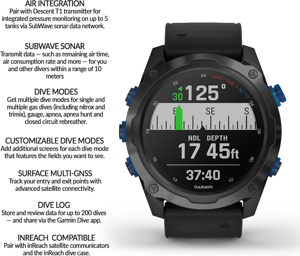 Garmin Descent Mk2i, Watch-Style Dive Computer with Air Integration, Multisport Smartwatch, Titanium Carbon Gray DLC with Black Band Bundle with Microfiber Cleaning Cloth + Wireless Earbuds