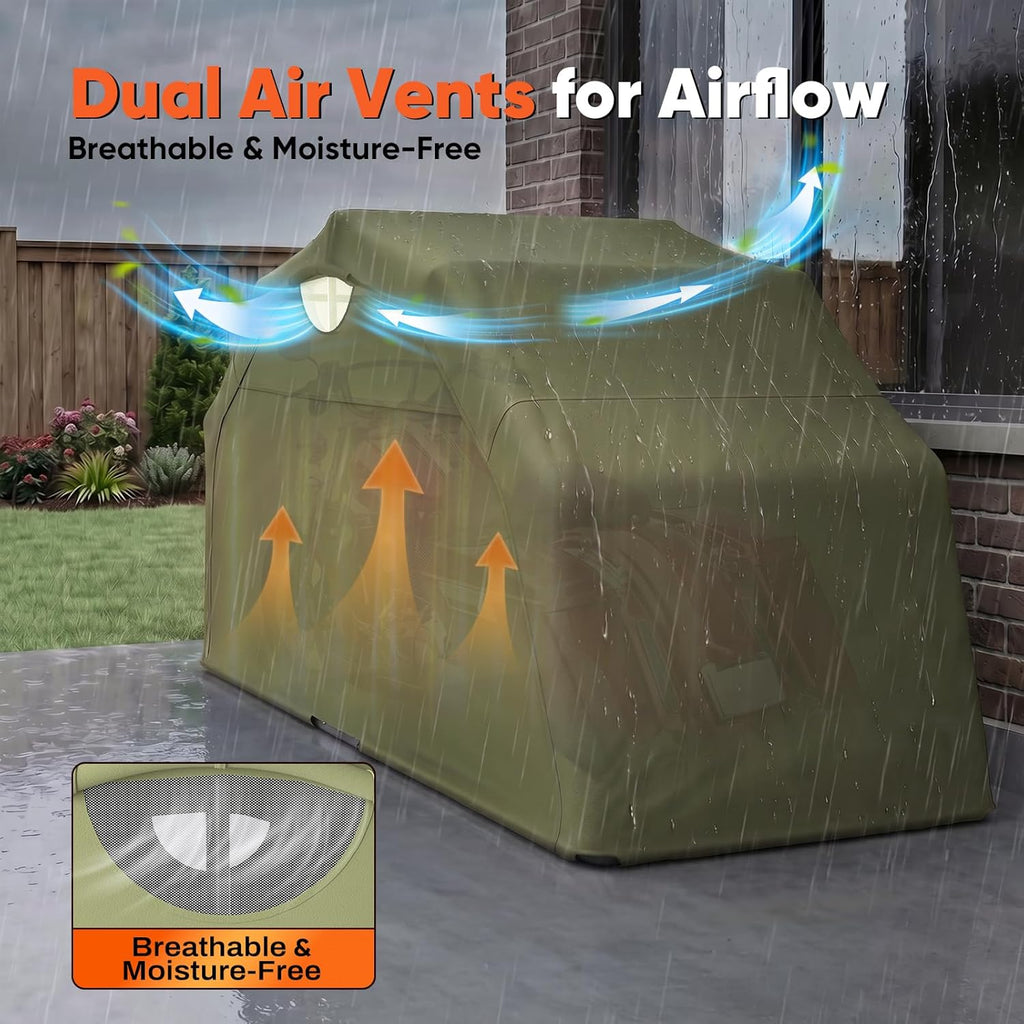 Quictent 136'x 54' Motorcycle Garage Storage Pod Shelter Hard Shell with Code Lock & Carry Bag Heavy Duty Motorcycle Tent with 2 Roll-Up Side Windows - Army Green