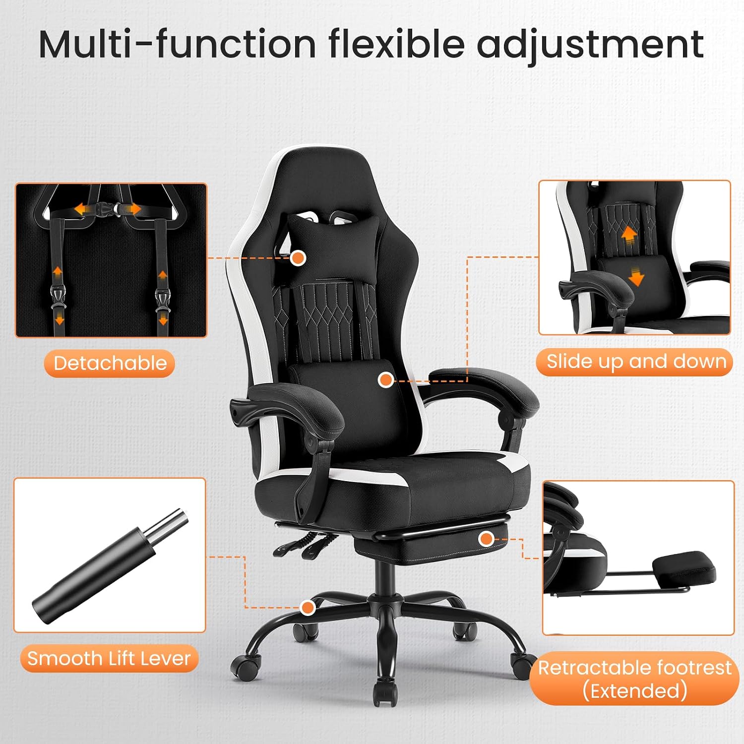 Sweetcrispy Computer Gaming Chair - Ergonomic Desk Chair with Footrest and Lumbar Support, High Back Height Adjustable Task Chair with Linkage Armrests and Headrest, 360° Swivel Wheels, Black
