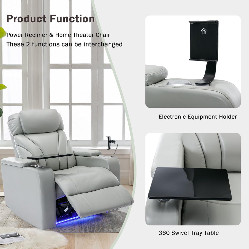 Merax Power Motion Recliner with USB Charging Port and Hidden Arm Storage, Home Theater Seating with Convenient Cup Holder Design,and Stereo(Light Grey)
