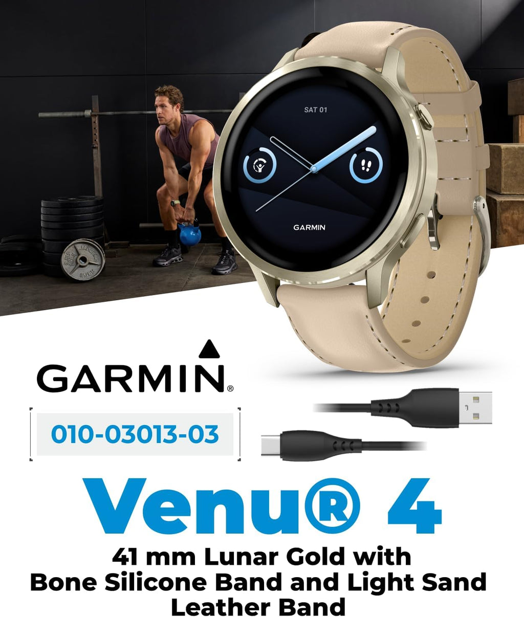 Garmin Venu 4-41mm AMOLED Advanced Health & Fitness GPS Smartwatch, Colorful Display, Built-in Flashlight, Lunar Gold w/Bone Silicone & Light Sand Leather Bands w/Wearable4U Black Earbuds Bundle