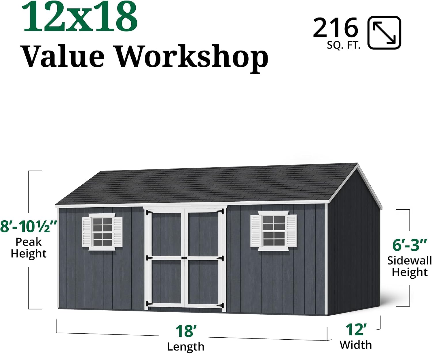 Little Cottage Co. 12x18 Value Workshop Shed with Operable Windows, Outdoor Wood Storage Do-It-Yourself Precut Kit