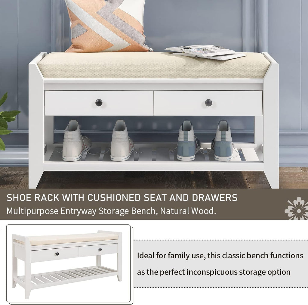 Harper & Bright Designs TREXM Shoe Rack with Cushioned Seat and Drawers, Multipurpose Entryway Storage Bench (White)