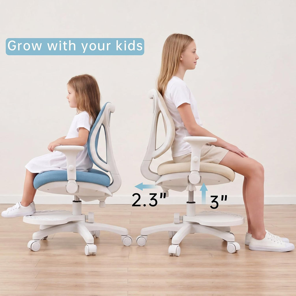 Desk Chair, Ergonomic Study Chair for Kids with Lumbar Support and Footrest, Adjustable Height, Flip-Up Armrests, Mesh Student Chair with Adjustable backrest, Model Deer (Blue)