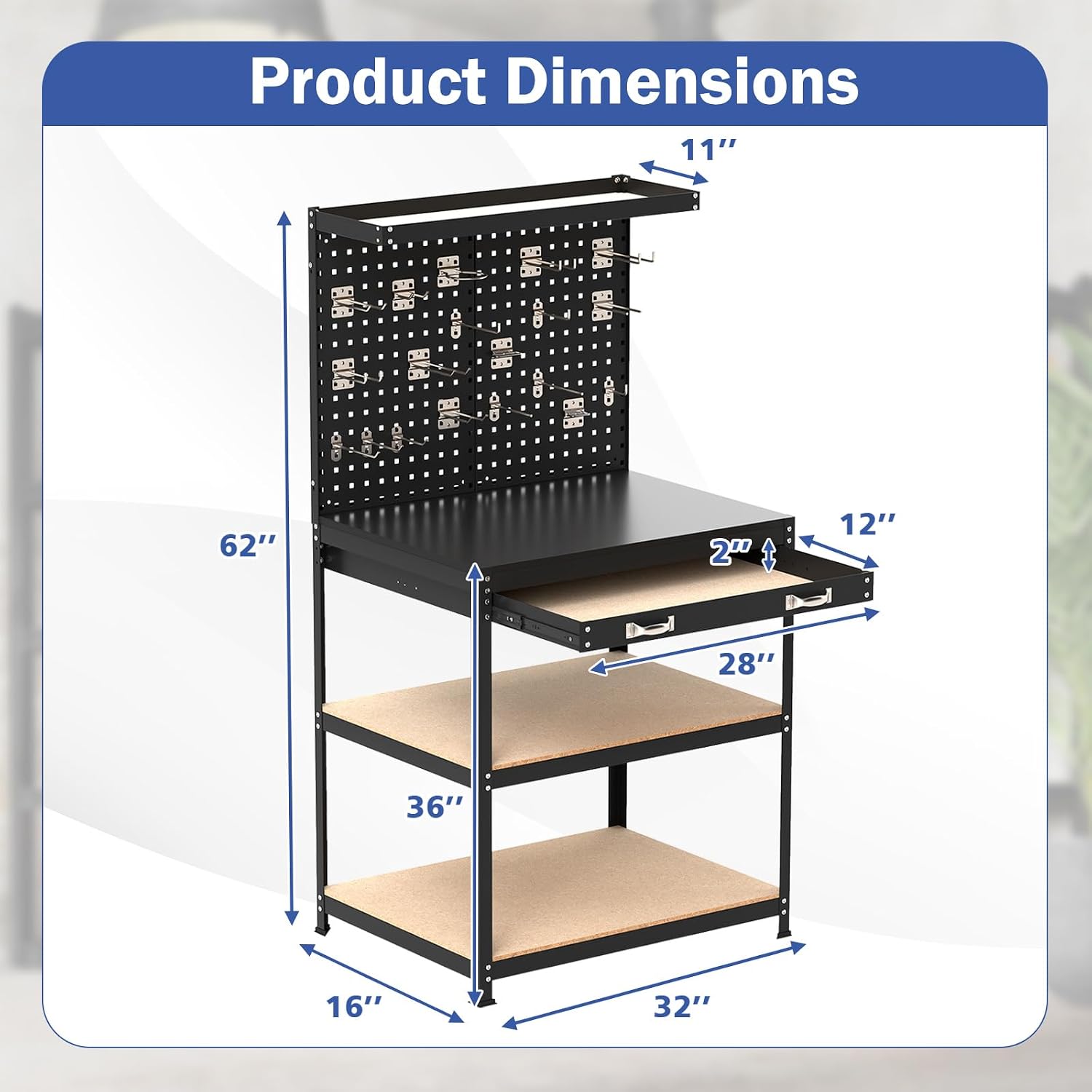 Goplus Workbench with Drawer, 32' x 16' Heavy-Duty Work Table with 2 PCS Pegboard & 4 Shelves, 19 Hanging Hooks, 495LBS Capacity, Metal Tool Storage Work Bench for Garage, Workshop, Home