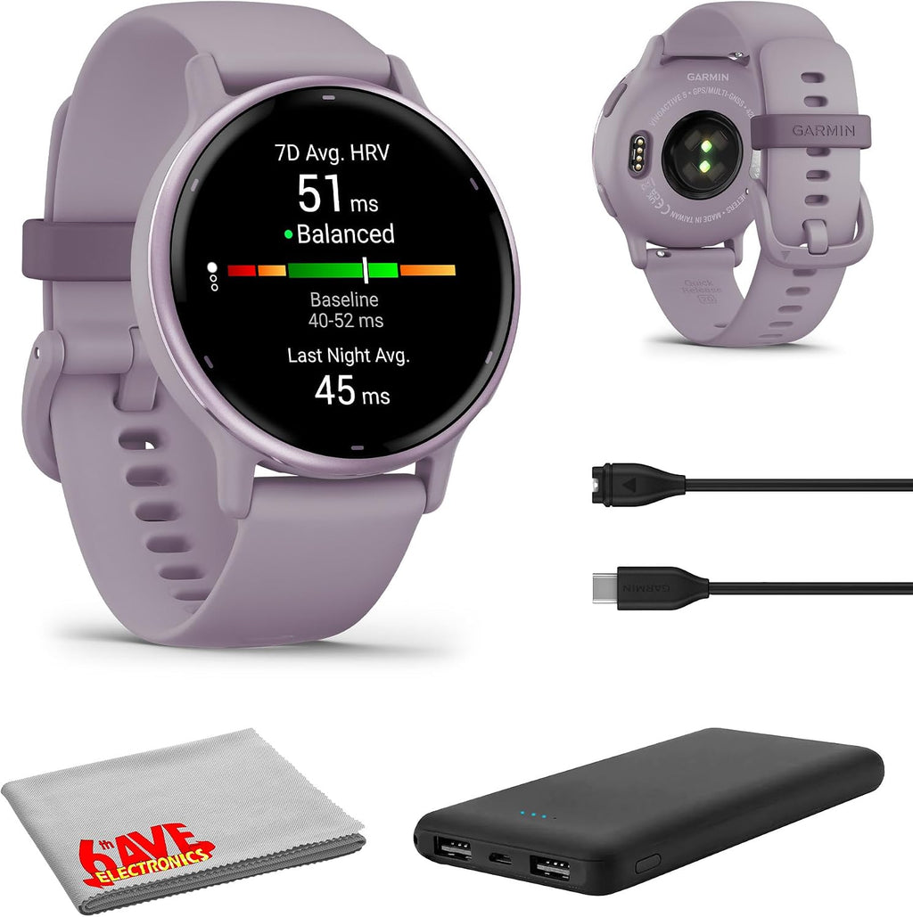 Garmin Vivoactive 5 Fitness Tracker Smart Watch for Men & Women with Metallic Orchid Bezel w/Orchid Case and Silicone Band with Bright 1.2' AMOLED Touchscreen Display and 11 Days Battery Life