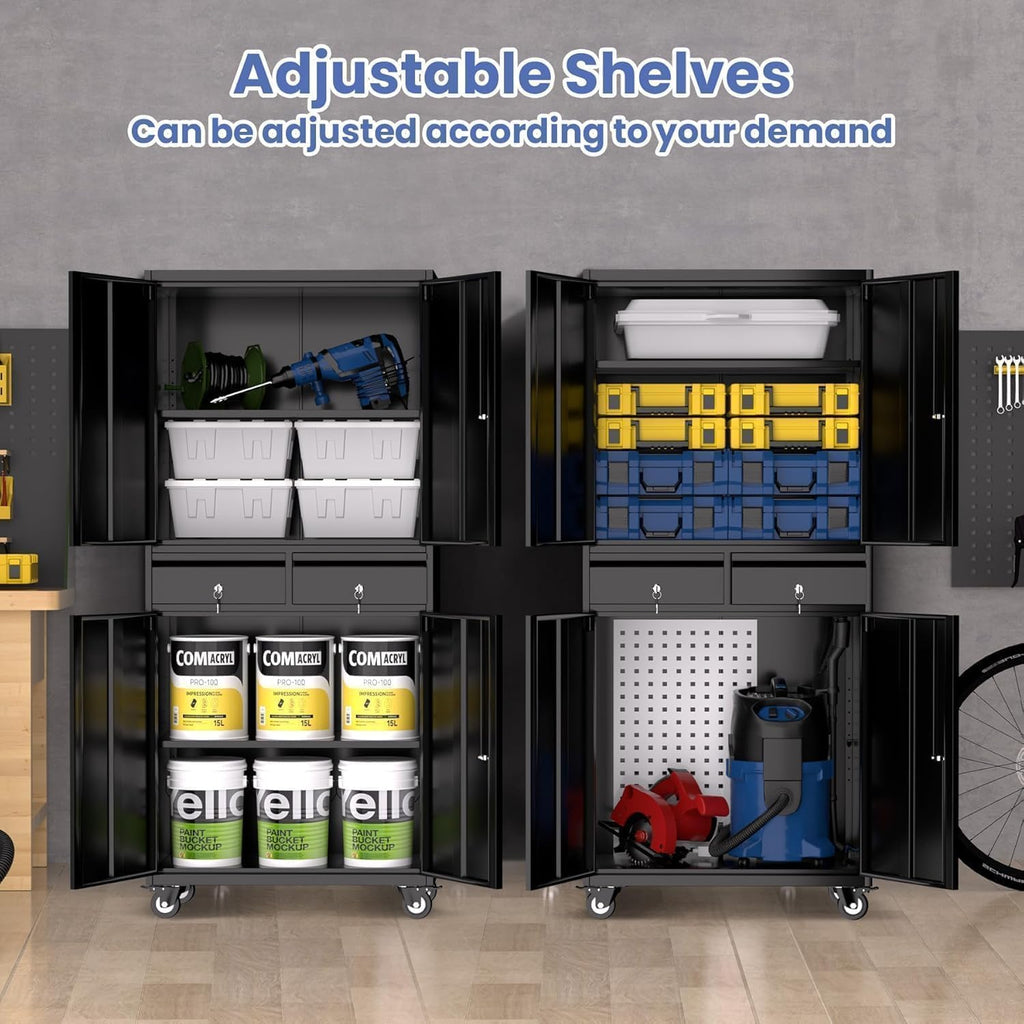 IDEALHOUSE 73'' Metal Storage Cabinet, Heavy Duty Garage Storage with Wheels, Locking Doors and 2 Drawers, Adjustable Shelves for Garage, Workshop, Office, Black