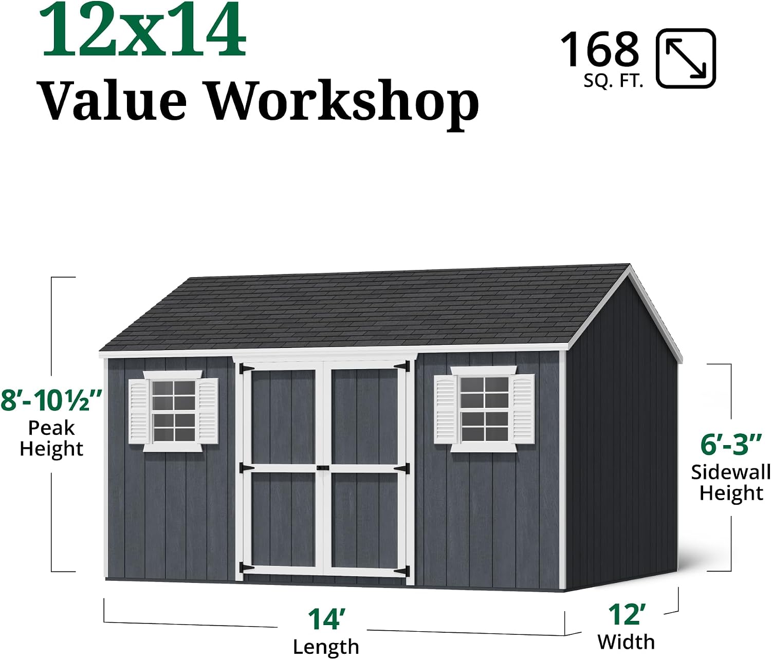 Little Cottage Co. 12x14 Value Workshop Shed with Operable Windows and Floor, Outdoor Wood Storage Do-It-Yourself Precut Kit
