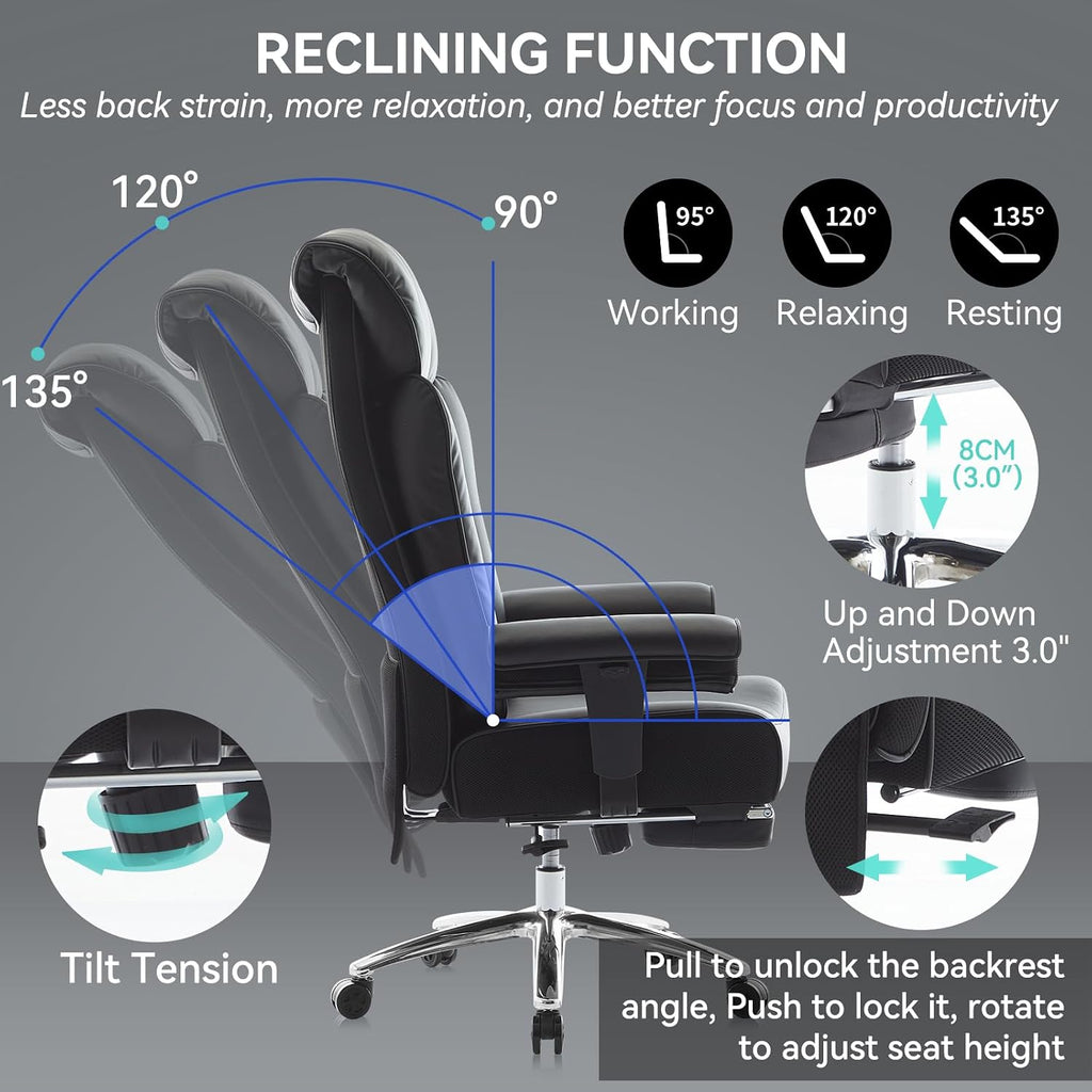 Efomao Big and Tall Office Chair with Footrest, 450lbs High Back Executive Chair with Spring Cushion, PU Leather Upholstery, Padded Armrests, Swivel Base, and Rolling Wheels – Black Computer Chair