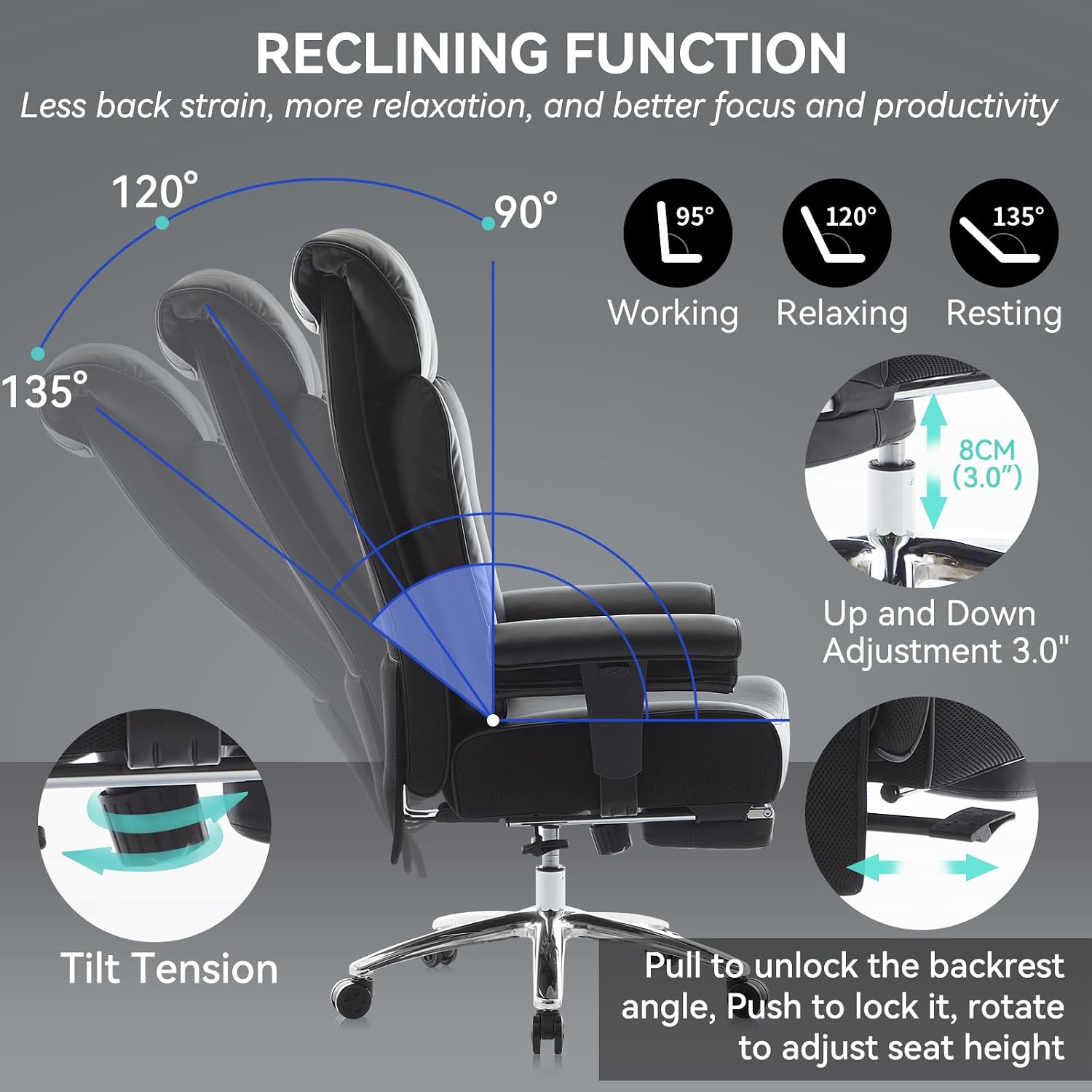 Efomao Big and Tall Office Chair with Footrest, 450lbs High Back Executive Chair with Spring Cushion, PU Leather Upholstery, Padded Armrests, Swivel Base, and Rolling Wheels – Black Computer Chair