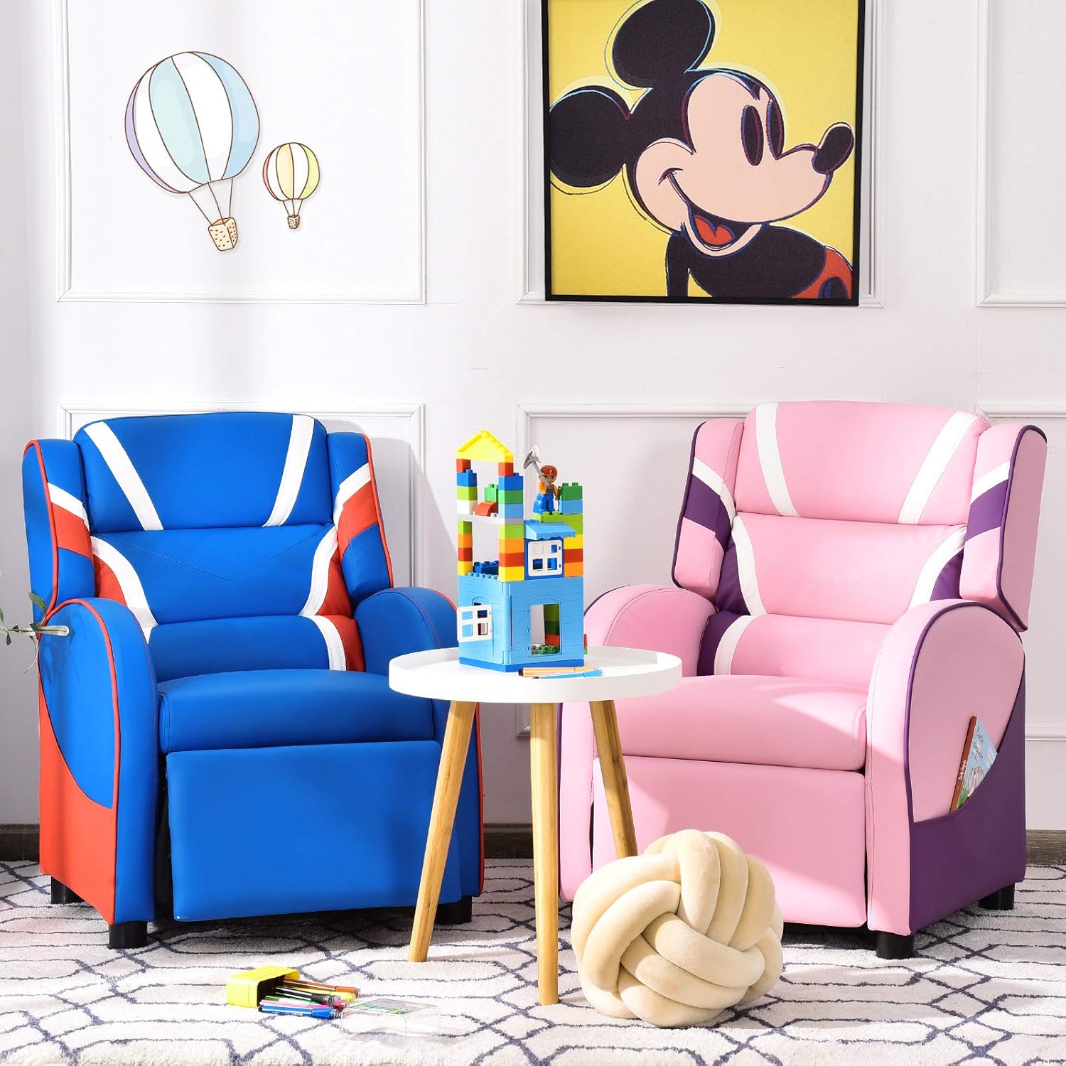 HONEY JOY Kids Recliner, Youth Gaming Reclining Chair w/Side Pocket, Ergonomic Headrest & Footrest, Upholstered Leather Lounge Chair for Boys Girls, Manual Adjustable Single Sofa Chair for Living Room