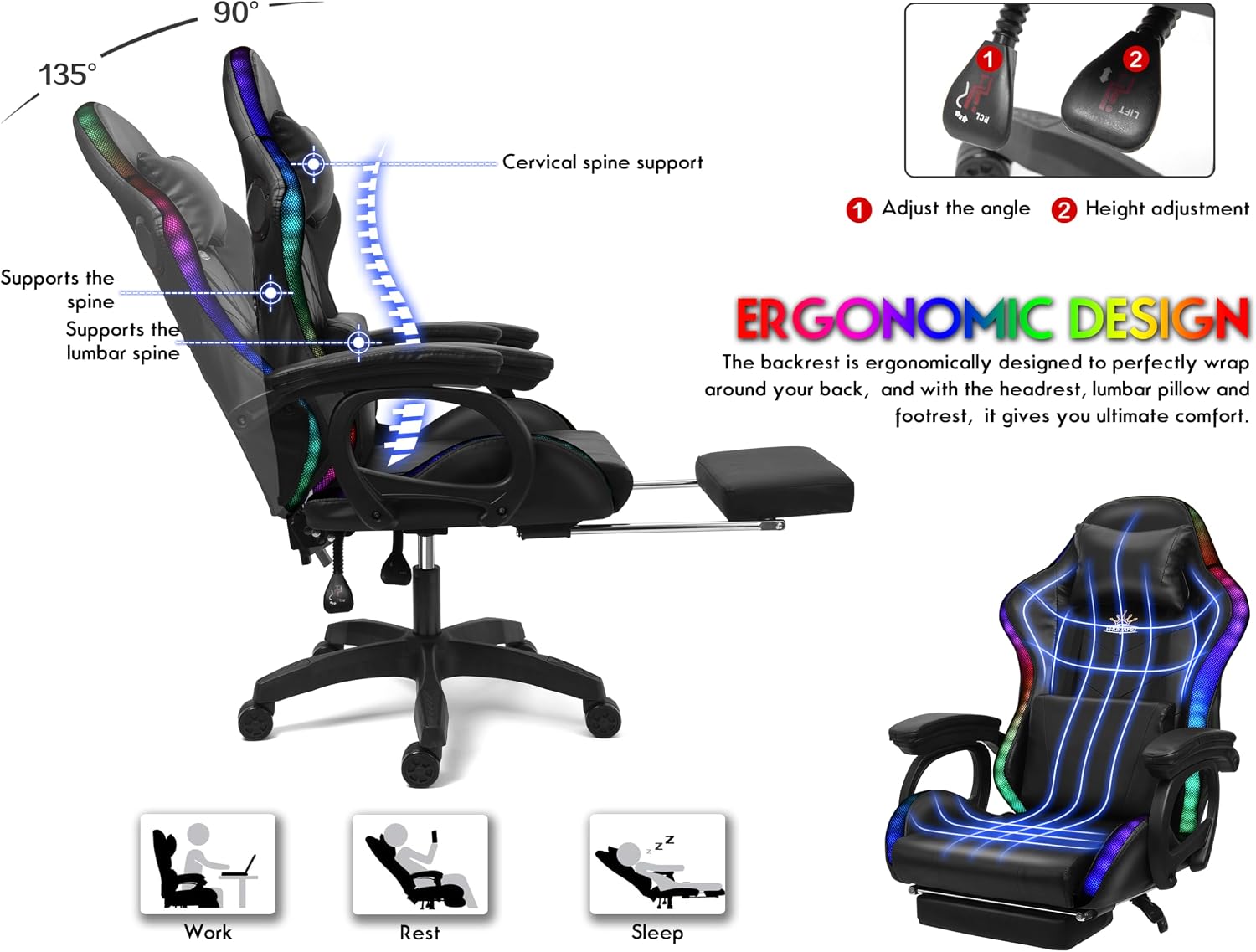 Gaming Chair with LED Lights and Speakers, Ergonomic Pro Video Game Chair with Massage and Footrest, for Adults, Teens, and Kids - Perfect for Gaming, Office, and Working. (Black + Red)