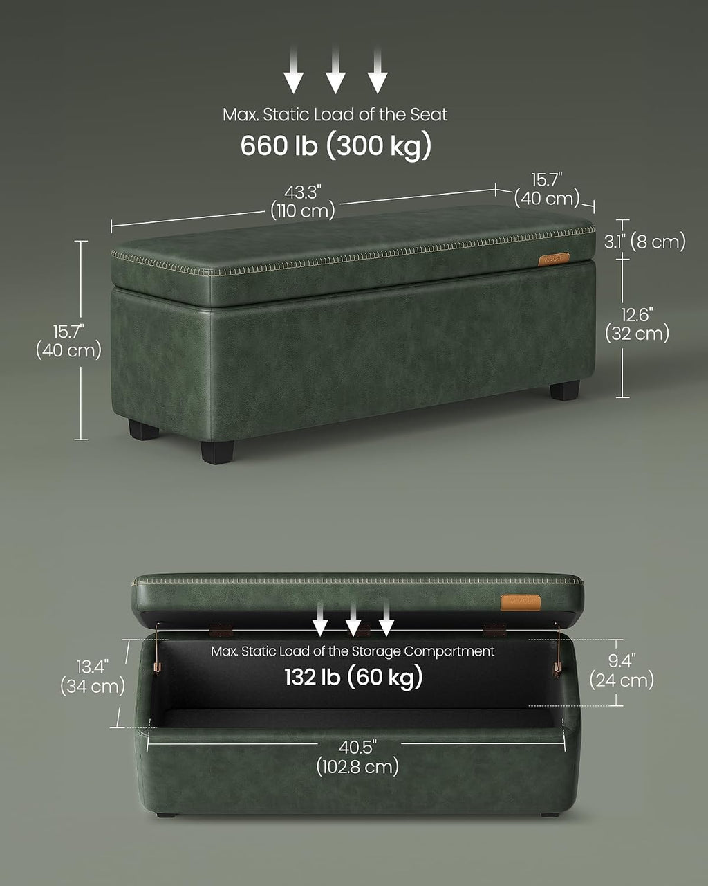 VASAGLE EKHO Collection - Storage Ottoman Bench, Entryway Bedroom Bench, 25 Gallons, Synthetic Leather with Stitching, Mid-Century Modern, Safety Hinges, Loads 660 lb, Forest Green ULOM075C01