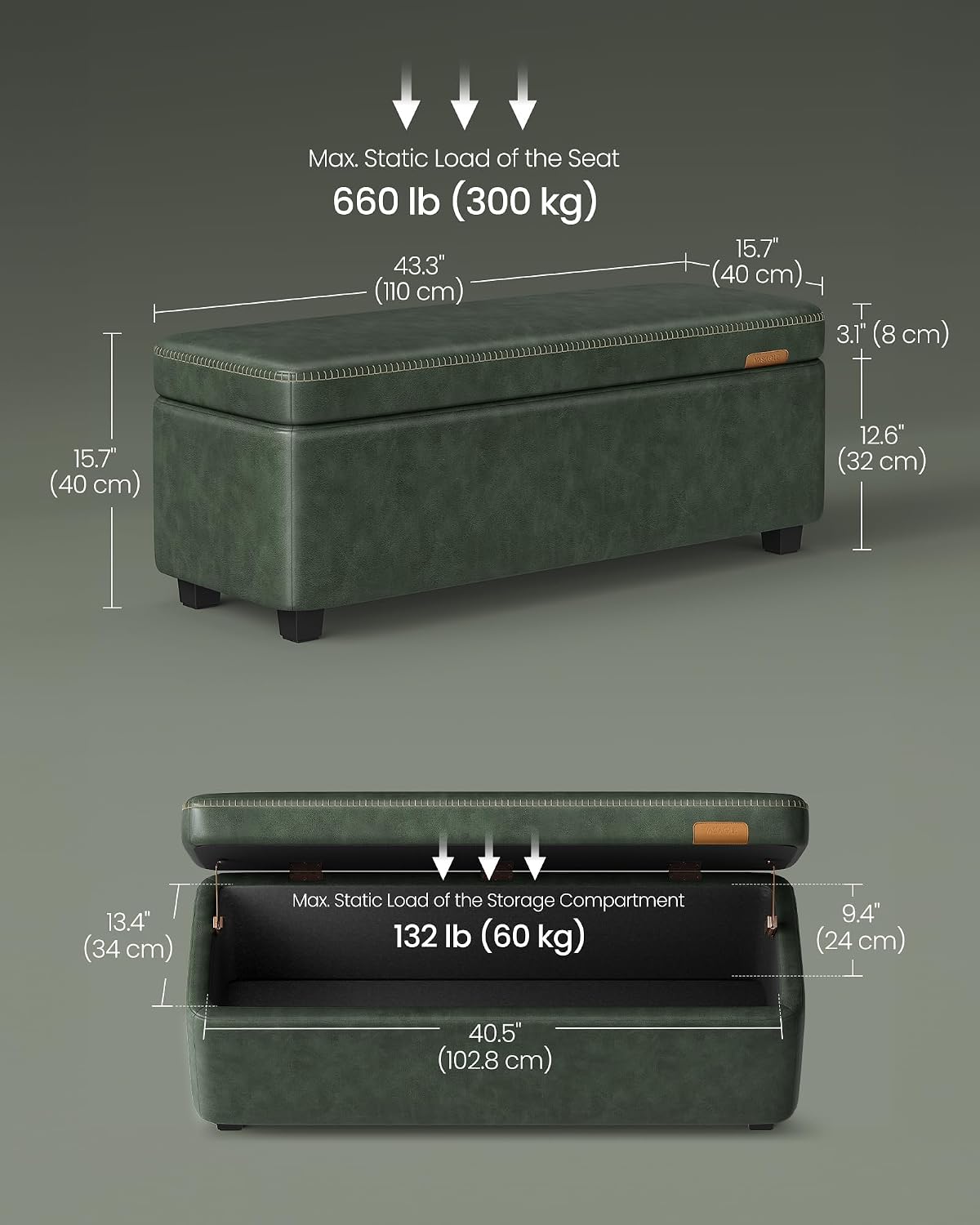 VASAGLE EKHO Collection - Storage Ottoman Bench, Entryway Bedroom Bench, 25 Gallons, Synthetic Leather with Stitching, Mid-Century Modern, Safety Hinges, Loads 660 lb, Forest Green ULOM075C01