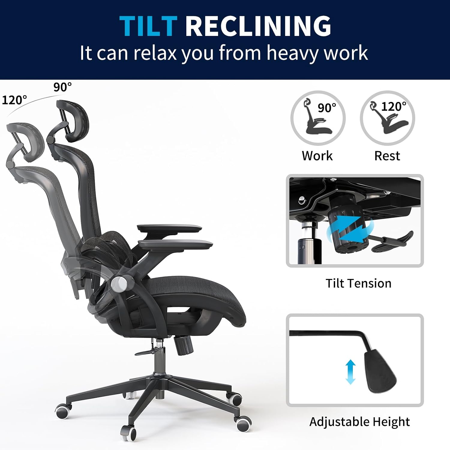 Office Chair Ergonomic Desk Chair with Lumbar Support&Headrest&Flip-up Arms Height Adjustable Rocking Swivel High Back Computer Chair Multi-Angle from 90° to 130° with 350LBS Capacity(04black)