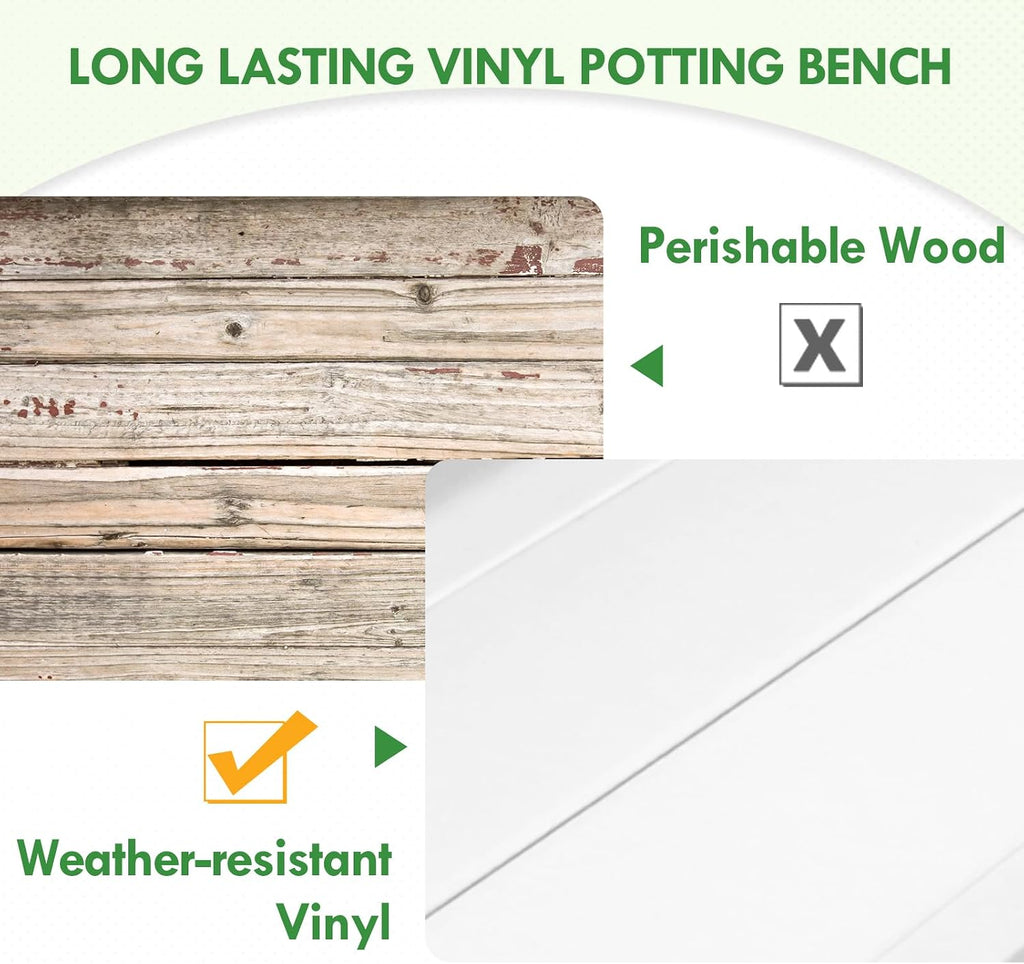 EAGLE PEAK Potting Bench, Weatherproof Vinyl Potting Table for Outdoor & Indoor Use, Easy Clean Garden Workstation with Storage Shelves, White, 40'