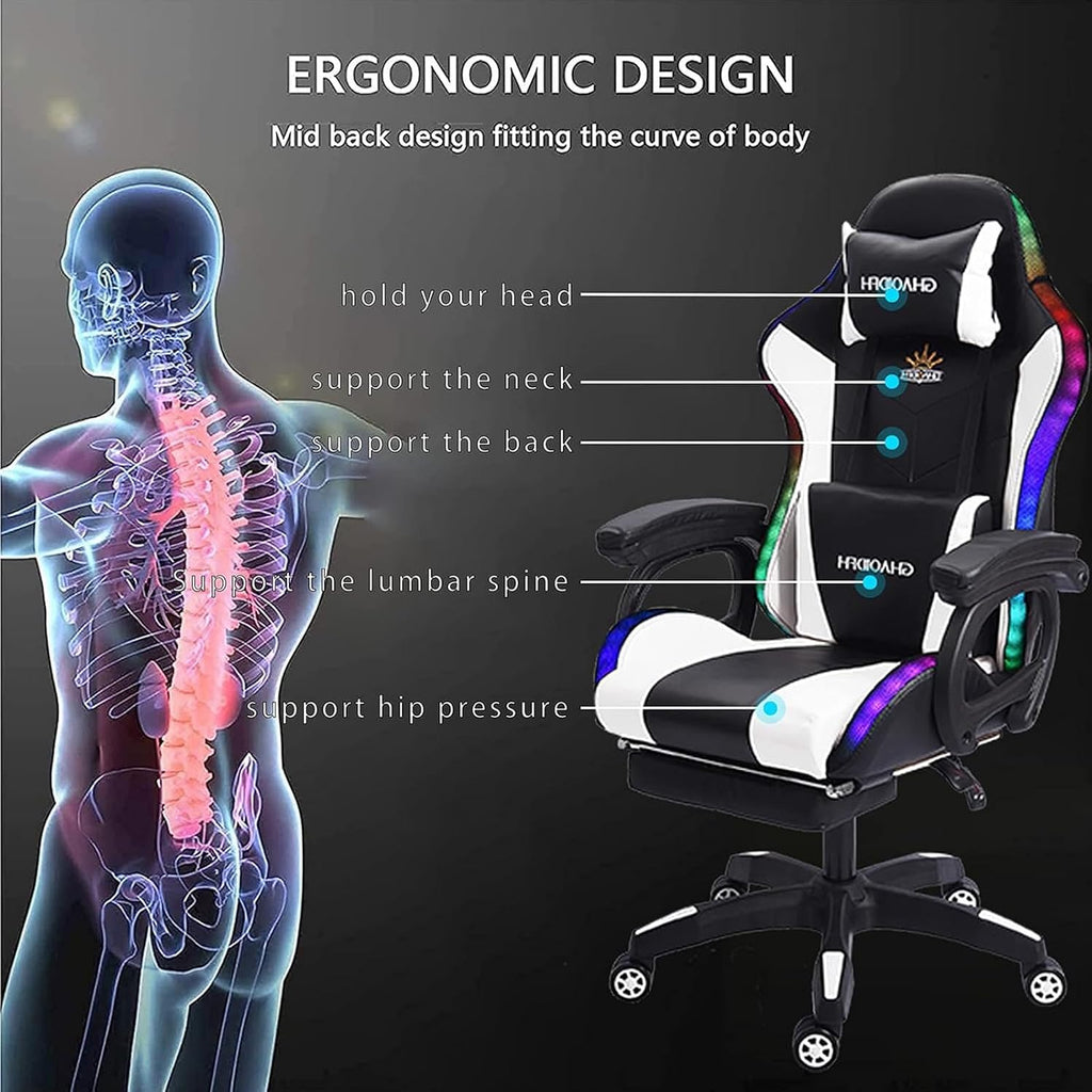 Gaming Chair with Bluetooth Speakers,Computer Chair Massage with LED Lights,Ergonomic Game Chair,Computer Stool with Footrest and Lumbar Support Height Adjustable with 360°-Swivel Seat (White)