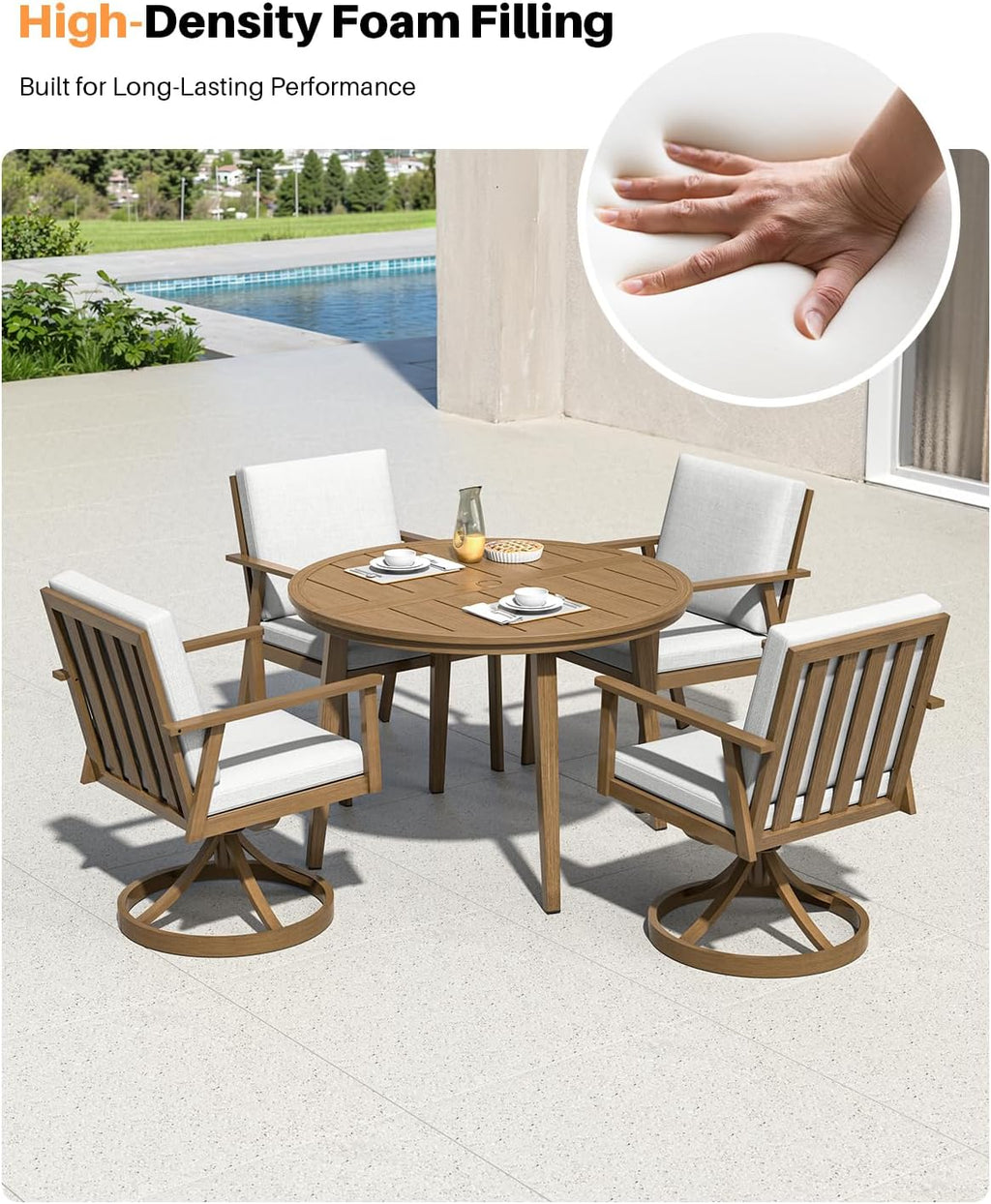 5-Piece Round Outdoor Dining Set, Never-Rust Aluminum Outdoor Table and Chairs Set, 41' Round Dining Table with 2 Swivel Dining Chairs, Modern Patio Dining Set for Garden, Deck, Yard, Teak