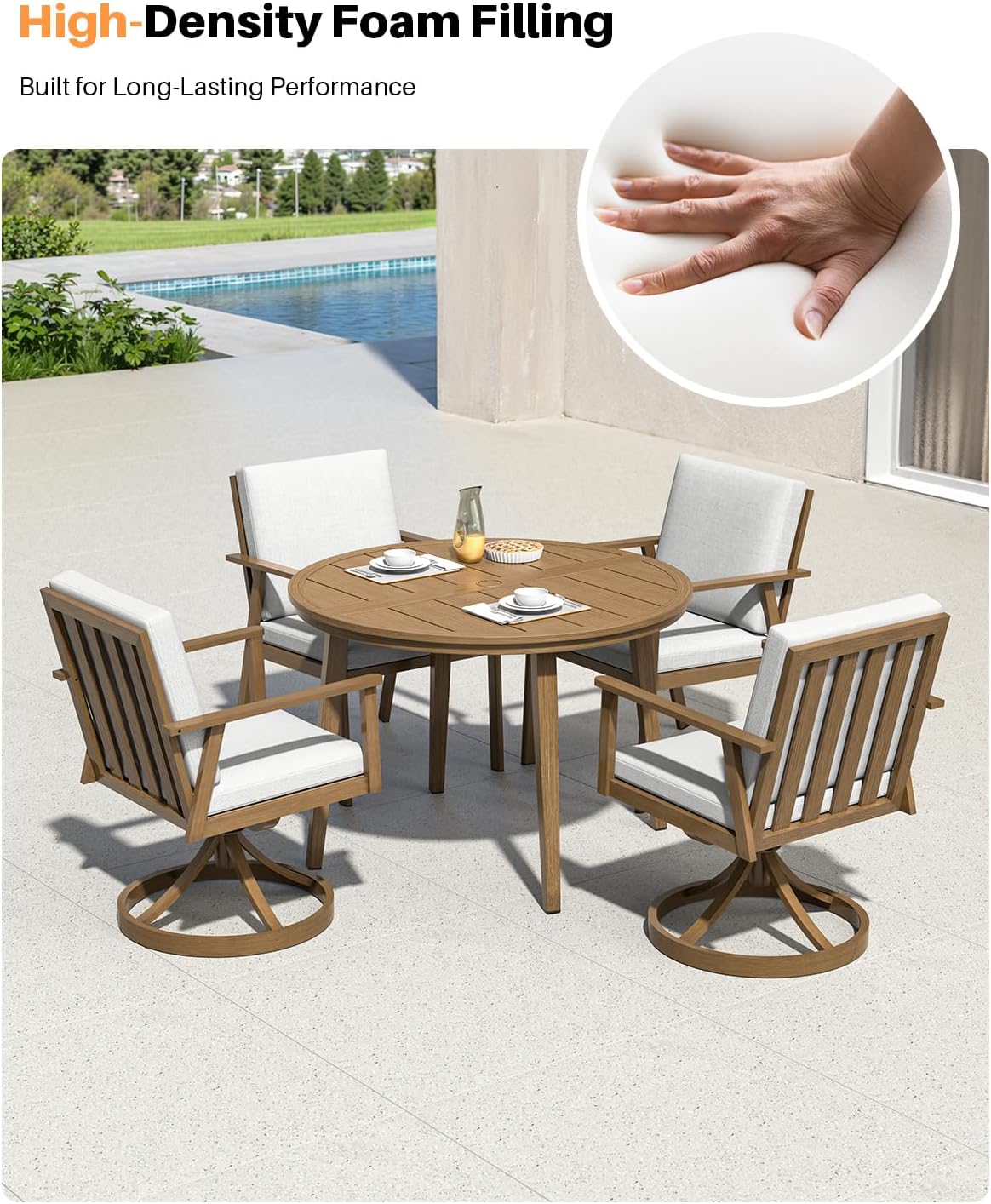 5-Piece Round Outdoor Dining Set, Never-Rust Aluminum Outdoor Table and Chairs Set, 41' Round Dining Table with 2 Swivel Dining Chairs, Modern Patio Dining Set for Garden, Deck, Yard, Teak