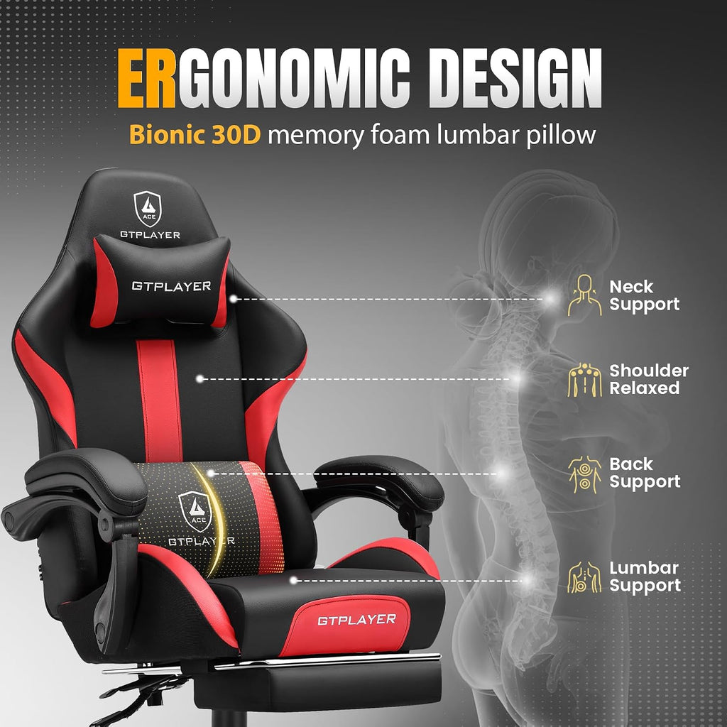 GTPLAYER Gaming Chair with Foot Rest & Pocket Spring Cushion, Ergonomic High Back Computer Chair with Headrest & 360°-Swivel Seat for Home Office Desk, PU Leather, Red