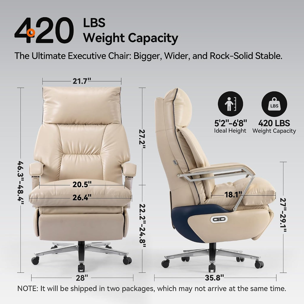 OKUP M80A Dual Motor Electric Executive Office Chair with Footrest, Comfortable Reclining Office Chair Wide Seat, Big and Tall Ergonomic Leather Home Office Desk Chair (Beige,No Massage)