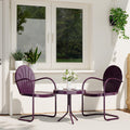 Patio Bistro Set Retro Metal Outdoor Seating Conversation 3 Pieces, 2 C-Spring Motion Armchairs and Round Side Table, for Porch, Lawn, Garden, Purple
