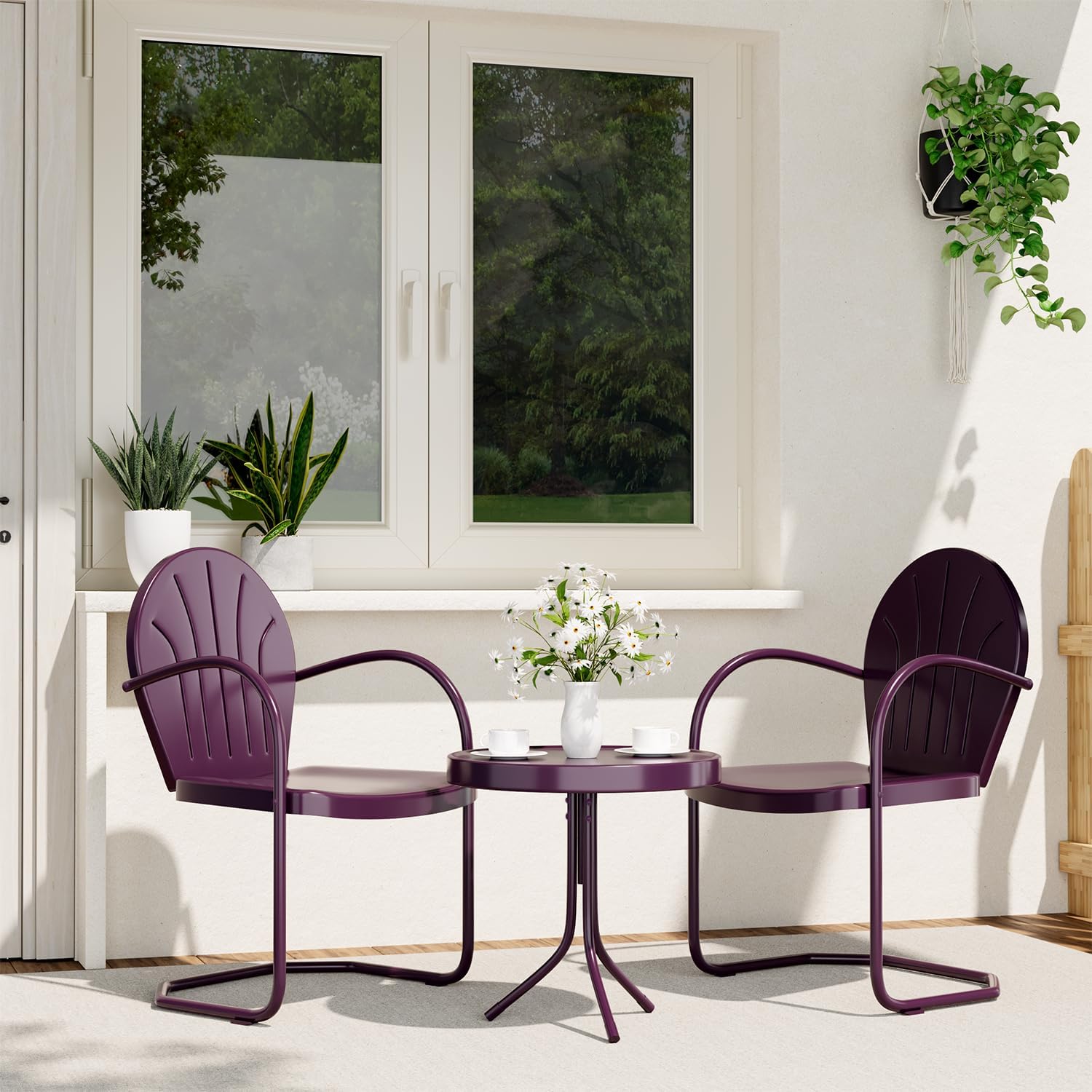 Patio Bistro Set Retro Metal Outdoor Seating Conversation 3 Pieces, 2 C-Spring Motion Armchairs and Round Side Table, for Porch, Lawn, Garden, Purple