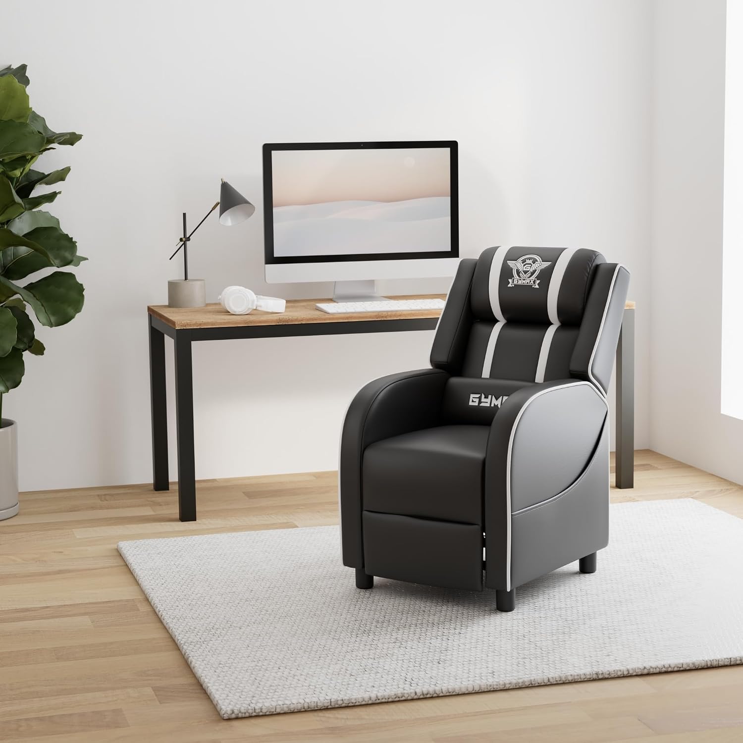 POWERSTONE Gaming Recliner Chair, Reclining Gaming Chairs for Adults Ergonomic Leather Sofa with Footrest Lumbar Support Headrest and Side Pouch for Living Room Home Theater, White