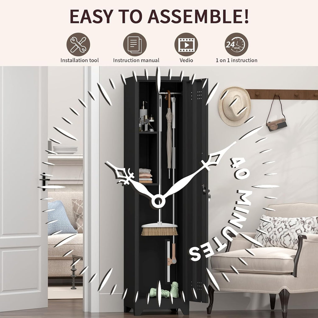 Slim Broom Closet Storage Cabinet, Black Metal Cabinets with Lock and & S-Hooks, Cleaning Supply Cabinet, Utility Closet Cabinets for Garage, Office, Gym